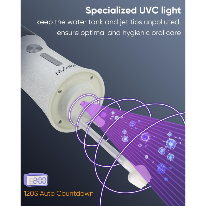 MySmile LP221 Бездротовий ірригатор для порожнини рота з UVC стерилізацією, 335 мл, портативний, OLED-дисплей, 4 режими, 8 насадок, чохол для дому та подорожей (перламутровий)