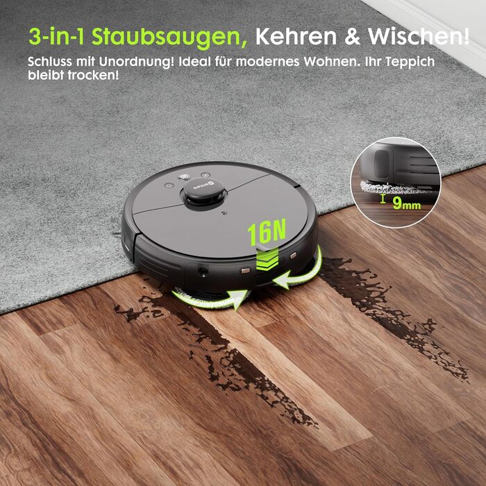 Робот-пилосос з функцією миття, автоматичне спорожнення (75 днів), потужність 8500Pa, зрізач для шерсті тварин, лазерна іграшка для котів, лазерна навігація, знімне м'яке прибирання, робот-пилосос для твердих поверхонь, килимів та шерсті тварин, чорний