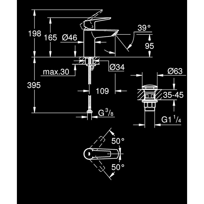 Змішувач для ванної кімнати Grohe Start, економічний, з холодною водою в середній позиції, з висувним зливом, 17 см, хром, 23551002 (Push-Open, економія води)