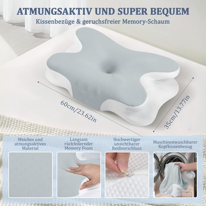 Ортопедична подушка для шиї з Memory Foam - для сну на боці, спині та животі з покриттям з льонової тканини (сіра)