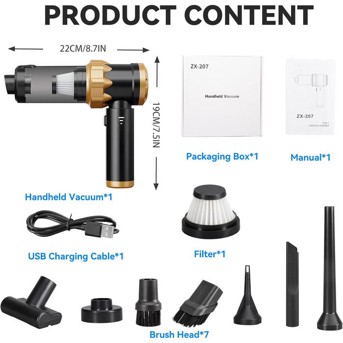 Акумуляторний ручний пилосос Handstaubsauger 26000Па, бездротовий автомобільний міні-пилосос 4-в-1 з безщітковим двигуном, 3 режими потужності для дому, авто та шерсті тварин, чорний