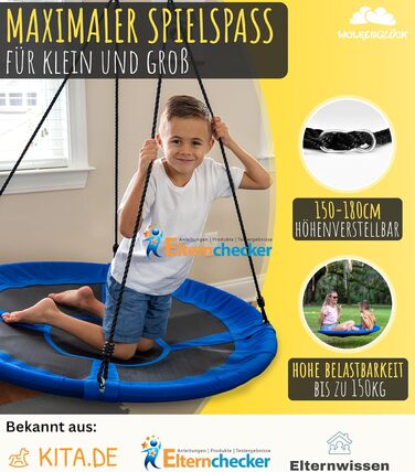 Шоукель-Гніздо Wolken Glück® - Діаметр 110 см - Регульована висота - Для дітей та дорослих - Макс. 150 кг - Шоукель-Тарілка з аксесуарами для монтажу - Шоукель для дітей, блакитний