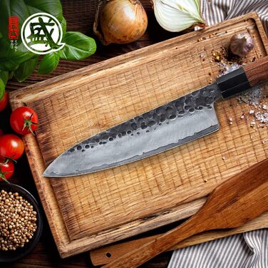 Японський ніж MITSUMOTO SAKARI Gyuto 22 см, ручка з рожевого дерева, сталь з високим вмістом вуглецю, в подарунковій коробці