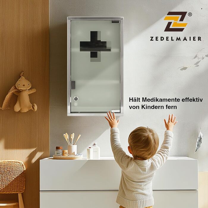 Медичний шкаф Zedelmaier з нержавіючої сталі, 4 відділення, аптечний, для ванної кімнати, з можливістю підвішування, закривається на замок, 57 x 27 x 12 см, білий