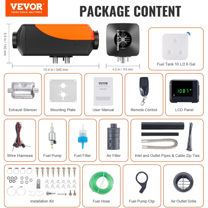 Дизельний повітряний опалювач VEVOR 2kW (12/24V) з LCD-дисплеєм та пультом керування для авто, фургонів, автобусів