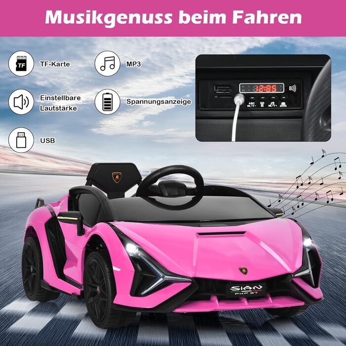 Дитячий електромобіль Lamborghini 12V з пультом, ременем безпеки, підсвіткою, музикою та сигналом, рожевий, для дітей від 3 років