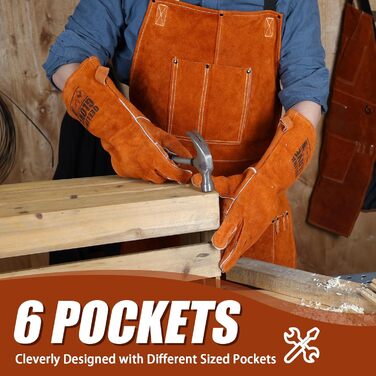 Швейний фартух QeeLink зі шкіри з рукавичками, 6 кишень, вогнестійкий та жаростійкий, коричневий