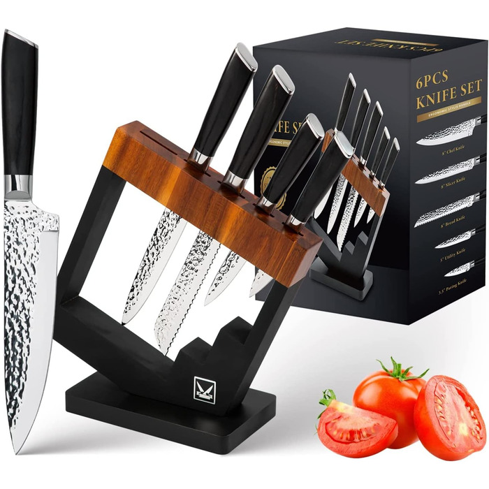 Набір кухонних ножів Messerblock 6 предметів: професійний набір з нержавіючої сталі з ергономічною ручкою з ебену, включає кухонний, м'ясний, хлібний, універсальний та овочевий ножі