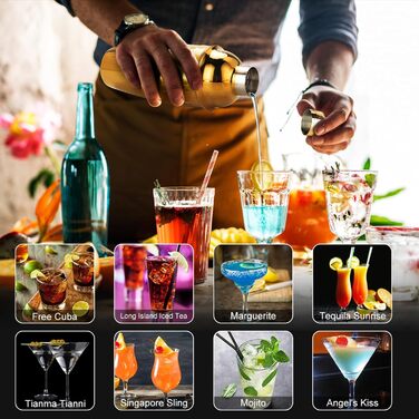 Набір шейкерів для коктейлів KINGROW Mixology - Набір бармена з 29 предметів з акриловою поворотною підставкою (срібло/золото)