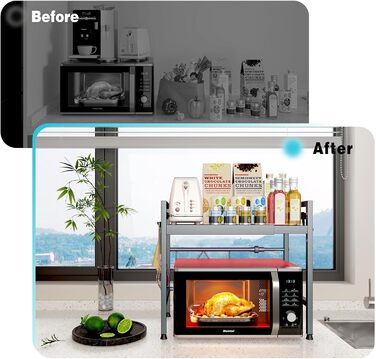 Регульована полиця для мікрохвильової печі, розширювана підставка-органайзер для кухні, міцний металевий каркас, з 8 гачками (2-рівнева, сіра)