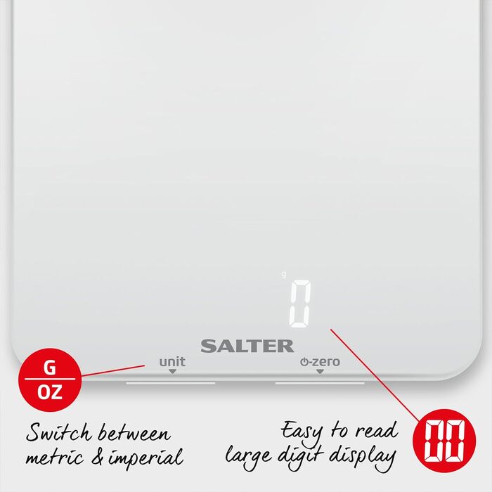 Цифрові кухонні ваги Salter 1180 BKDR Phantom - електричні харчові ваги, функція тари, легкий для читання РК-дисплей, метричні/імперські вимірювання, функція Aquatronic Рідини мл або рідка унція (біла)