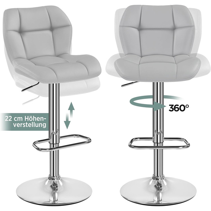 Барні стільці Yaheetech 2 шт. регульовані по висоті, обертаються на 360°, з підніжками та спинкою, з PU-шкіри, сірі (2 шт.)