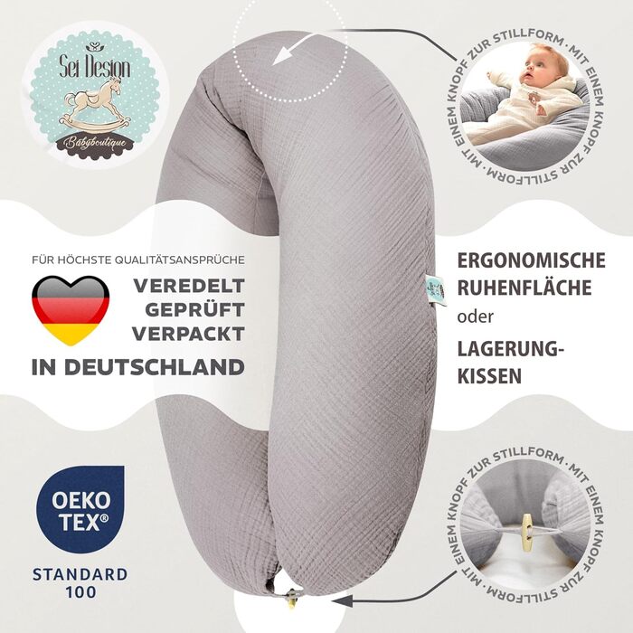 Подушка для вагітних та годування sei Design XXL (190x35 см), ергономічна подушка для сну з чохлом з біо-бавовни муслін, колір тауп
