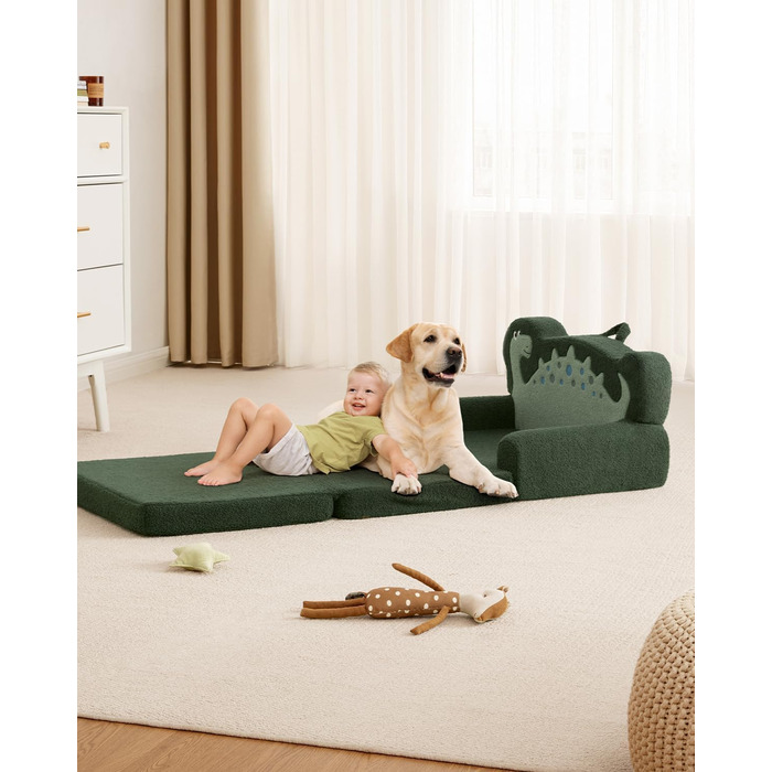 Дитяча крісло-диван Blissful Diary Kindercouch 2-в-1 з динозаврами, зручне, темно-зелене