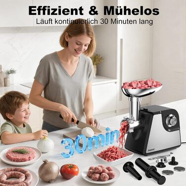 Електрична м'ясоподрібнювач Fleischwolf Juissiart: подрібнювач, фарш, ковбасний насадка, нержавіюча сталь, 3 диски, для кеббе, універсальний
