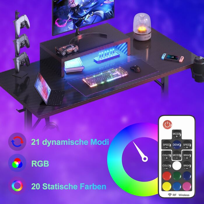 Ігровий стіл Devoko 160x60 см з LED підсвічуванням, підставка для монітора, карбонове покриття, ергономічний дизайн, чорний