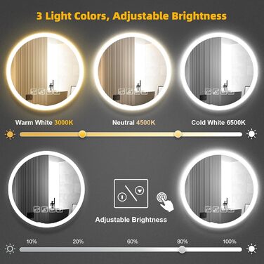 Круглий дзеркало для ванної кімнати з підсвічуванням, 60 см, LED, Bluetooth, сенсорне управління, регулювання кольору (3000K-6500K), диммування, HD-загартоване скло, 600x600 мм