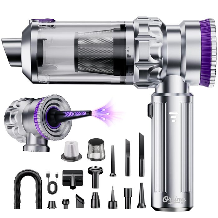 Бездротовий автомобільний пилосос Ortiny 28000Па, ручний міні-пилосос 4 в 1 з безщітковим двигуном та самоочищенням контейнера, для авто, дому та кухні, сріблясто-фіолетовий