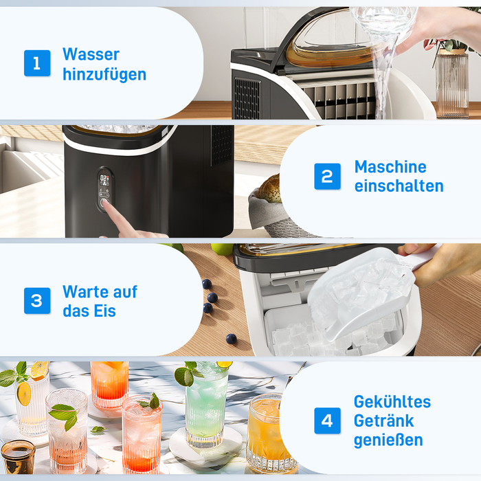 Машина для приготування льоду HOMCOM 15 кг/24 год, з резервуаром для води об'ємом 1,5 л, лопаткою та контейнером для льоду. Машина для приготування кубиків льоду з LED-дисплеєм, чорного кольору, розміри 22 x 30 x 33 см | Aosom
