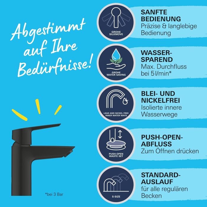 Змішувач для ванної кімнати Grohe Start, економічний, з холодною водою в середній позиції, з висувним зливом, 17 см, хром, 23551002 (Push-Open, економія води)