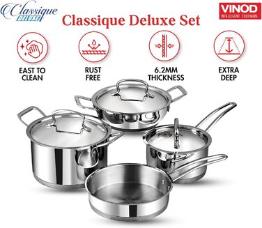 Набір кухонного посуду Vinod Classique Deluxe з нержавіючої сталі, 7 предметів: казан, сковорода, каструля з ручкою, соусник, кухонні аксесуари, індукційне дно, 2 роки гарантії