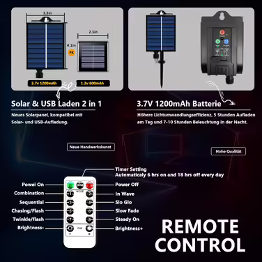 Сонячна LED гірлянда-шланг 20 м, водонепроникна, з USB, 8 режимів, пульт, холодне біле світло, для вулиці, саду, новорічна та весільна декорація