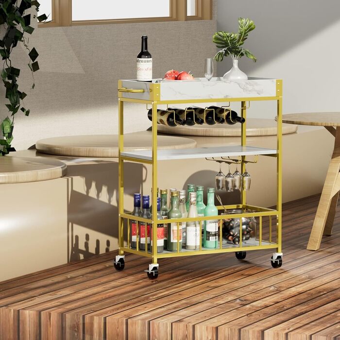 Сервізний візок Huhote з полицею для вина, барний візок, візок для напоїв, візок на колесах, візок для вина в їдальню, кухню, вітальню, бар, вечірку, з імітацією текстури дерева (золотий, корзина без заліза)