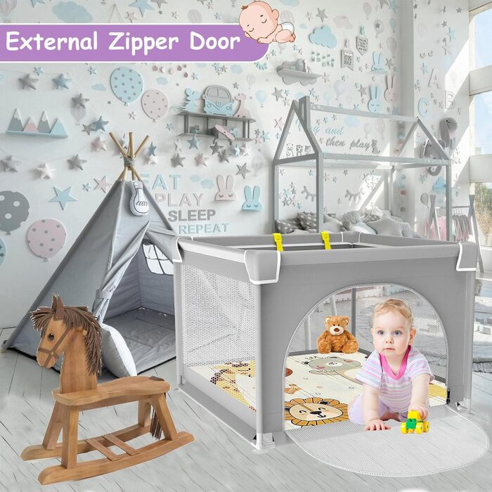 Ляльковий загін для малюків, 120x120 см з ігровим килимком, складаний, з дихаючим мережем та присосками (90x90 см з матрацом)