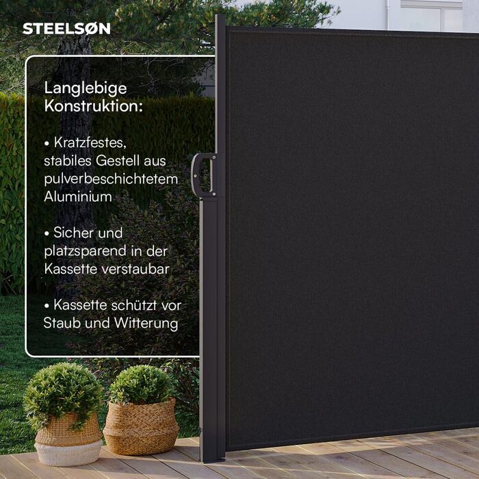Розсувна бічна маркіза STEELSØN Zirella 180x400 см, алюмінієва, антрацит, захисна шторка для балкона та саду