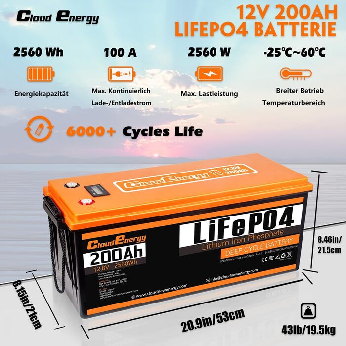 Акумулятор LiFePO4 Cloudenergy 12,8 В 300 Ач, 100 А BMS, 6000 циклів, 10 років, для автономної мережі, дому, автофургону