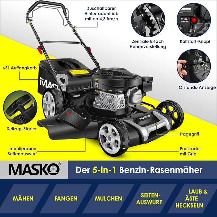 Бензиновий газонокосарка MASKO® 5in1 | Ширина косіння 51 см | 8 положень висоти косіння | 4-тактний OHV двигун 6.0 PS | 65 л травозбірник | Включно з набором для мульчування, бічний викид | Чорний/Сірий