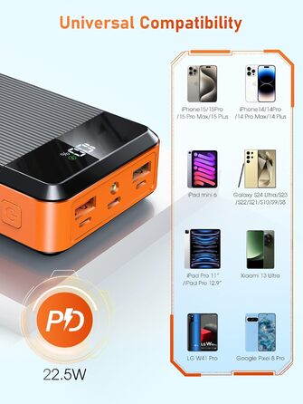 Кабелі, 5 портів, LED дисплей, ліхтарик, чорно-помаранчевий, 40000mAh, PD 22.5W, 2