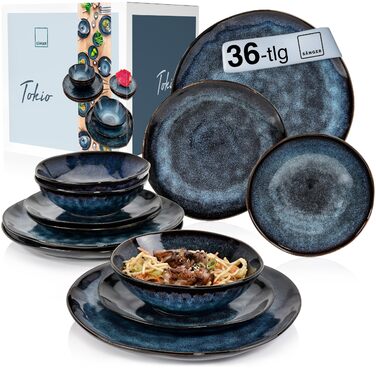 Sänger Tafelservice Tokio 24: Набір посуду з 24 предметів для 8 осіб, Steingut, сучасний ручної роботи, темно-синій з чорними акцентами | PREMIUM COLLECTION