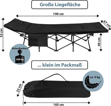 Розкладне кемпінгове ліжко ALPIDEX до 200 кг з м'яким матрацом та бічною кишенею, чорне