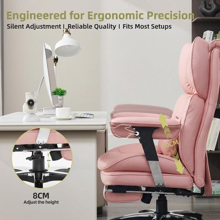 Ергономічне офісне крісло Efomao для дому та геймінгу, шкірзам PU, чорно-рожеве, до 200 кг, з підставкою для ніг та підтримкою попереку