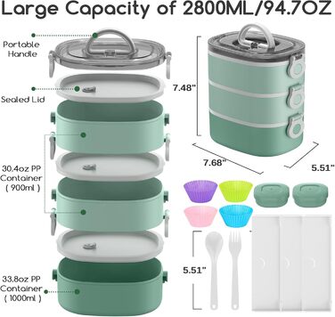 Штабельований, 3-шаровий, 2,7 л, герметичний, безпечний для харчових продуктів, включаючи аксесуари (зелений)