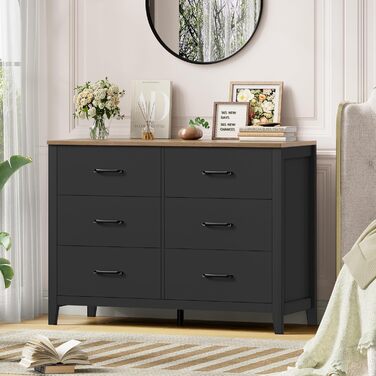 Комод HOCSOK з 6 висувними ящиками, чорний комод з дерев'яною полицею, шафа для зберігання в вітальню, спальню, кімнату для підлітків та коридор, 100x40x81 см