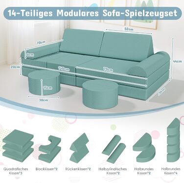 Дитяче ігрове диван-крісло, 15-ти частинний модульний диванчик, розкладний диван для дітей, сертифікат Oeko-TEX®100, диван з пінопласту, для куточка у дитячій кімнаті, велюрова тканина (зелений)