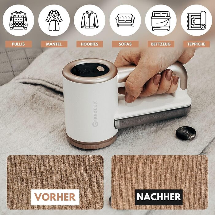 Електричний видальник ворсу WiredLux - бездротовий пристрій для одягу та меблів. 3 швидкості, 6-лезове лезо, LED-дисплей, USB-зарядка (білий, слонова кістка, золото)