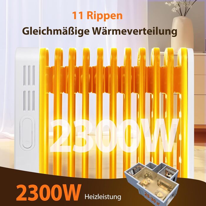Електричний масляний радіатор Aigostar Cozy 2300W з пультом дистанційного керування, 11 ребер, термостат, 3 режими, таймер 24г, LED-дисплей, захист від перекидання та перегріву, мобільний обігрівач для кімнати