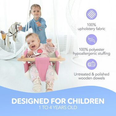 Дитяча гойдалка Cateam з дерева для дому та саду. Безпечний ремінь, від 12 місяців. Різні кольори, рожева.