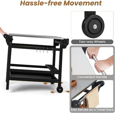 Гриль-візок Komfotteu з нержавіючою сталею, столиця для гриля, візок для сервірування з полицями для спецій, вина та гачками, для зони відпочинку