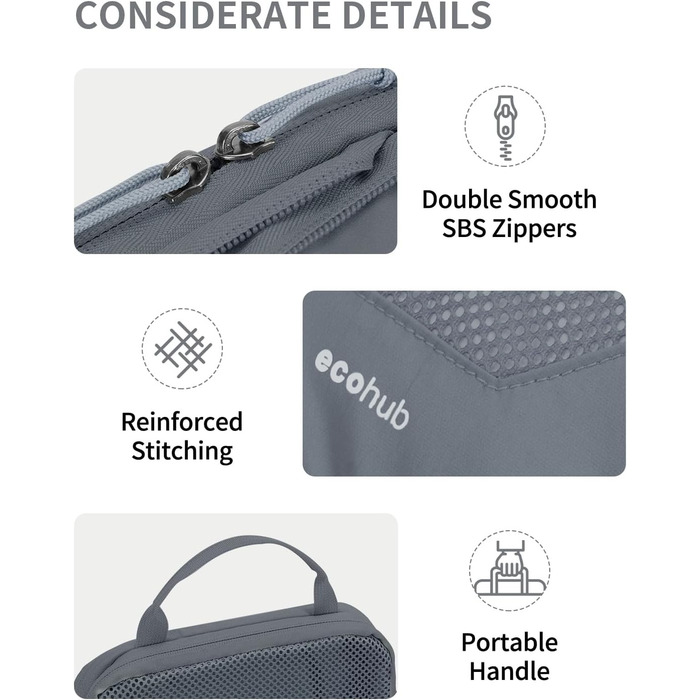 Набір компресійних органайзерів для подорожей ECOHUB, 4 шт., сірі пакувальні куби з маркуванням та сіткою для валізи та рюкзака