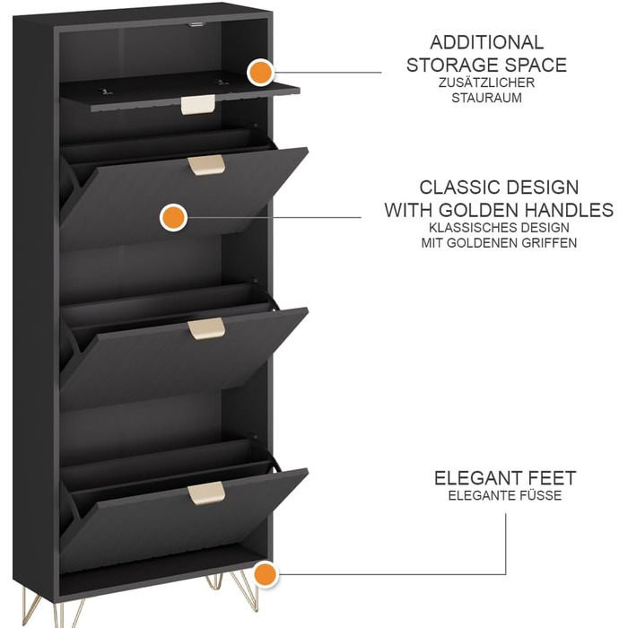 Шафа для взуття Vicco Helge, чорна, 60 x 145 см, 3 відділення