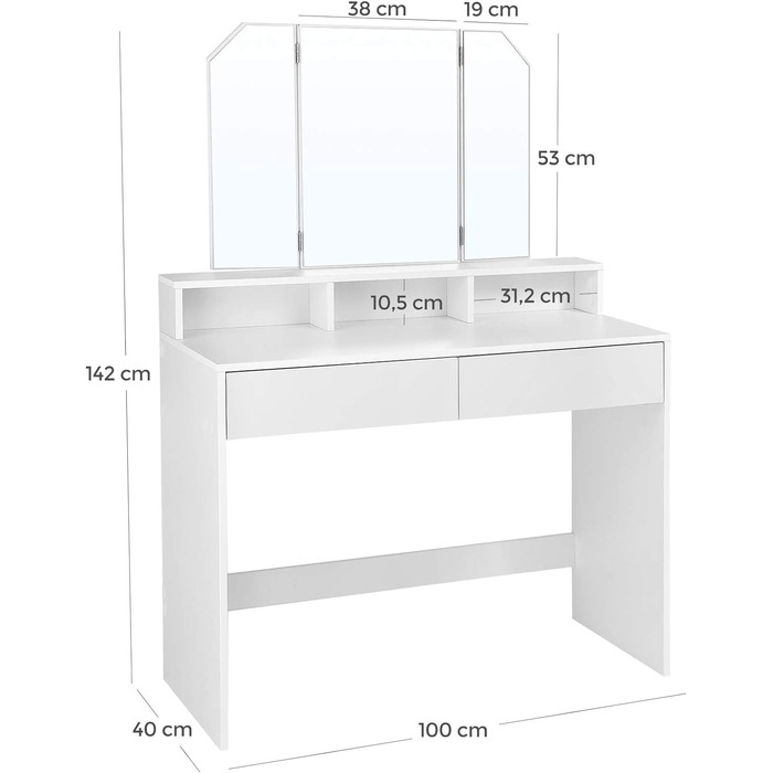 Туалетний столик VASAGLE з відкидним дзеркалом, 2 ящики, 3 відкритих відділення, сучасний, хмарно-білий, RDT115W01