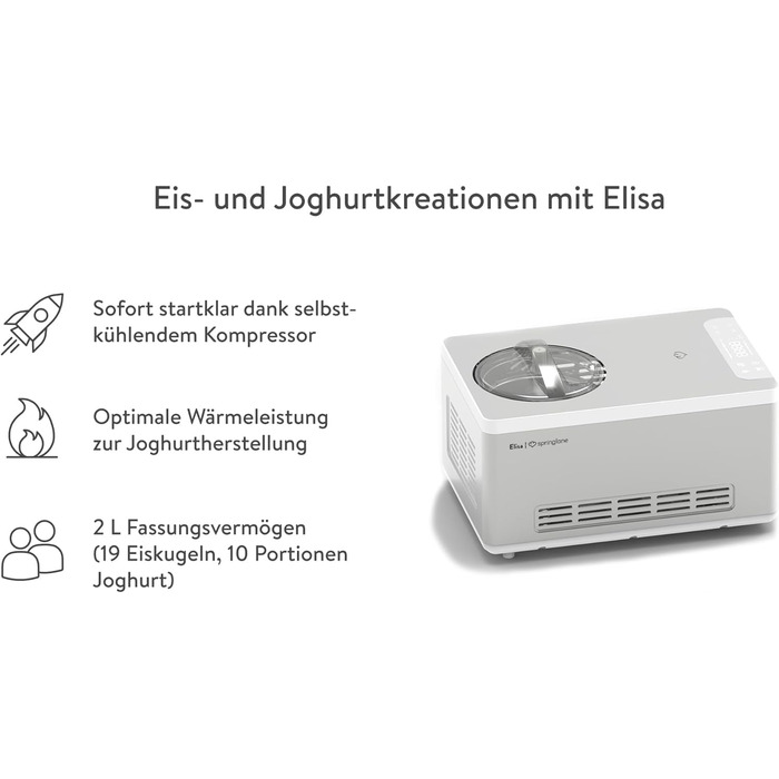 Морозивниця та йогуртниця SPRINGLANE Elisa 2,0 л з самостійним охолодженням, компресор 220 Вт, нержавіюча сталь, функції охолодження та нагріву, рецептник, 4 контейнери для морозива 400 мл, срібляста, м'ята