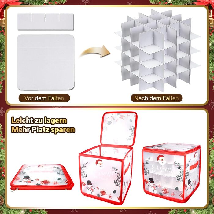 Коробки для прикрас на ялинку 2 шт. з відділеннями, для зберігання ялинкових кулі, з різдвяним малюнком, з відділеннями, з застібкою-блискавкою