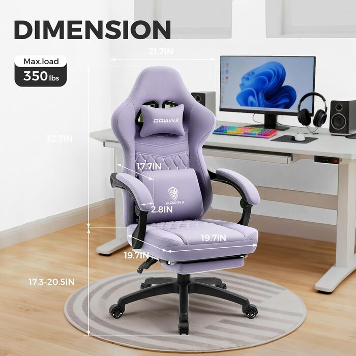 Ігровий крісло Dowinx з тканини та кишеньковим пружинним сидінням, крісло для геймерів з масажем та підголівником, ергономічне гоночне ігрове крісло з підніжкою, висувна підніжка (фіолетовий, висувна підніжка)