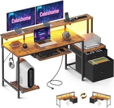 Ігровий стіл Coleshome з LED підсвічуванням, стіл для комп'ютера з висувними ящиками з тканини, 2 розетки та 2 USB порти, стіл для ігор з підставкою для монітора, для дому та офісу, білий (140x48см, коричневий)
