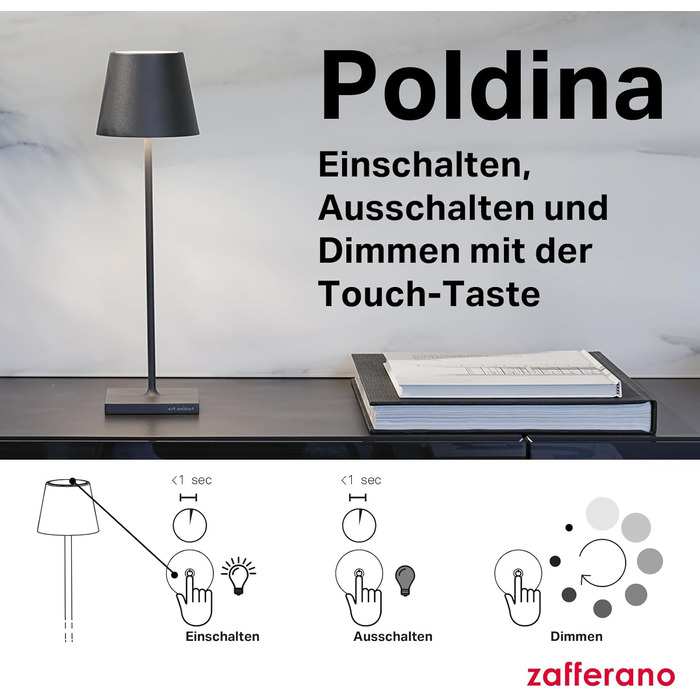 Zafferano Poldina Pro: Бездротова LED-лампа з регулюванням, 38 см, золото, диммер
